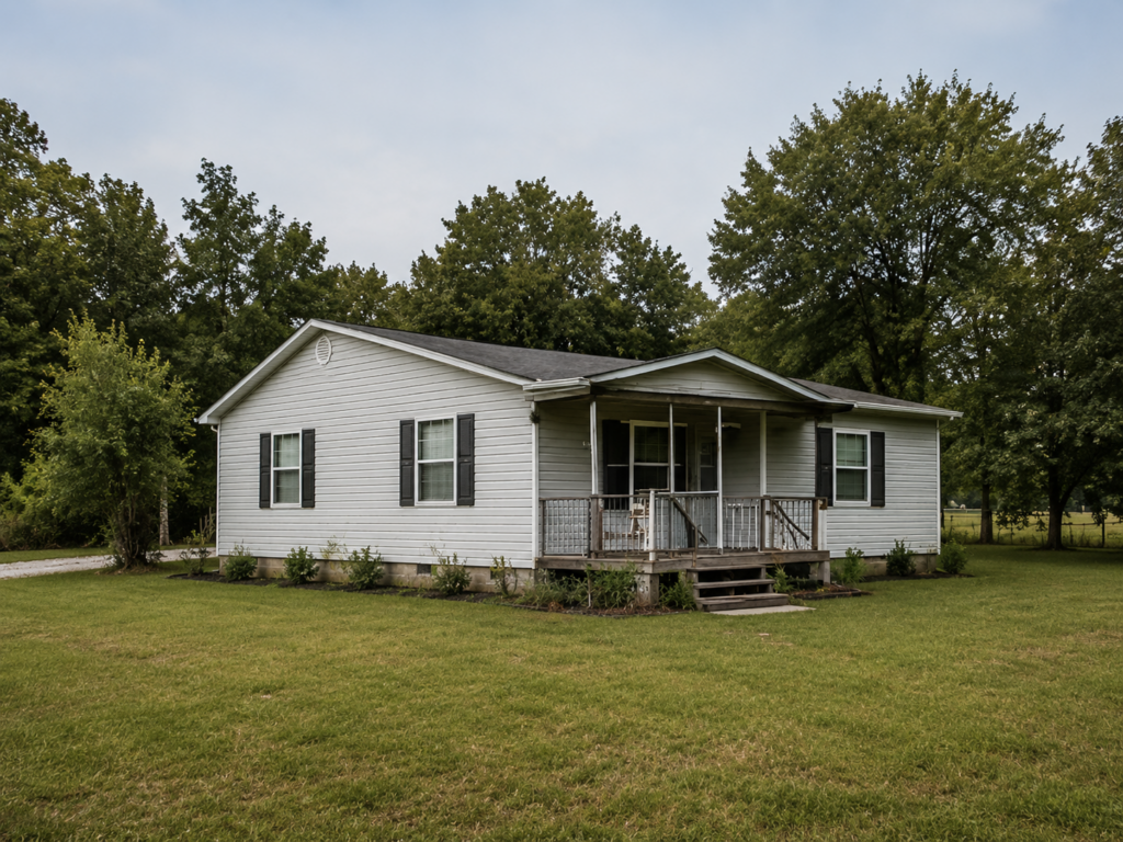 Single-story ranch-style home with a covered front porch, grassy lawn, and trees in the background